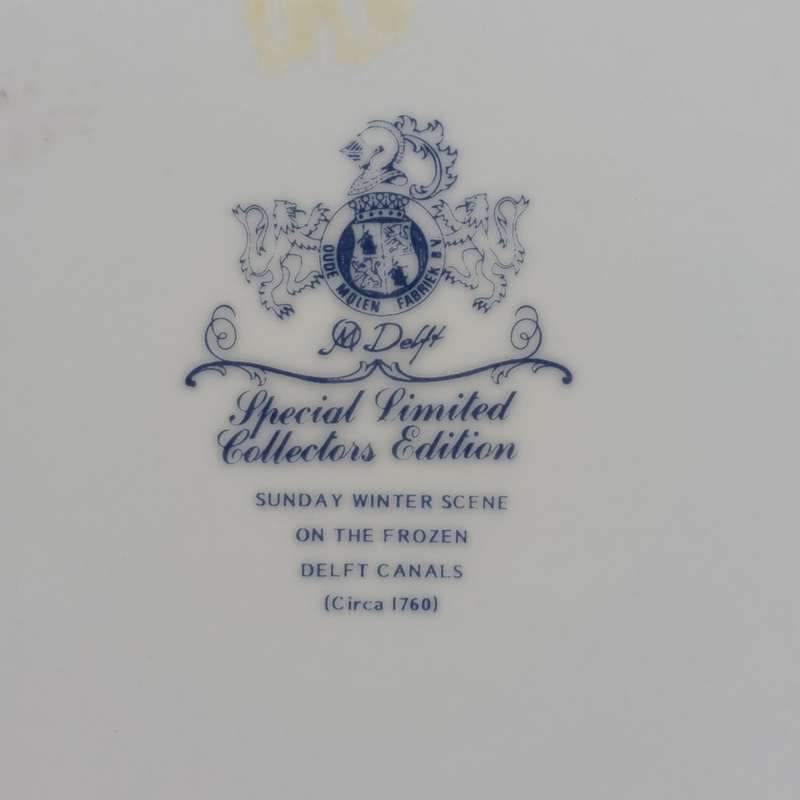 Vintage Delft Sunday winter scene on the frozen Delft canal porcelain plate