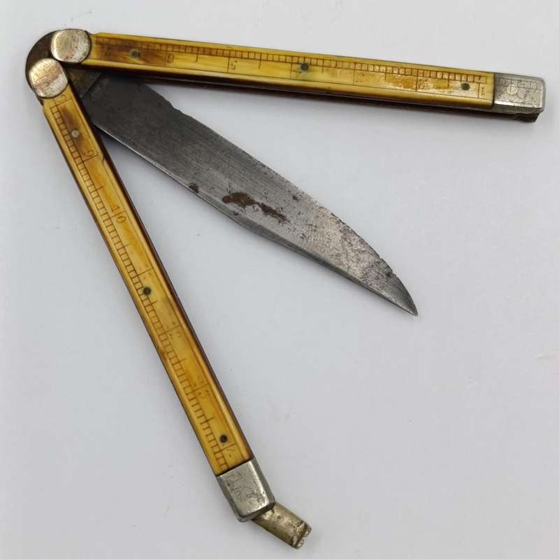 Vintage butterfly knife with bone handles with ruler measurements