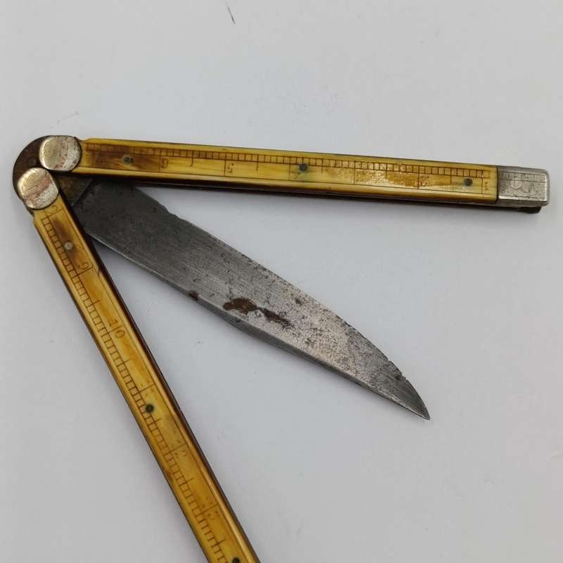 Vintage butterfly knife with bone handles with ruler measurements
