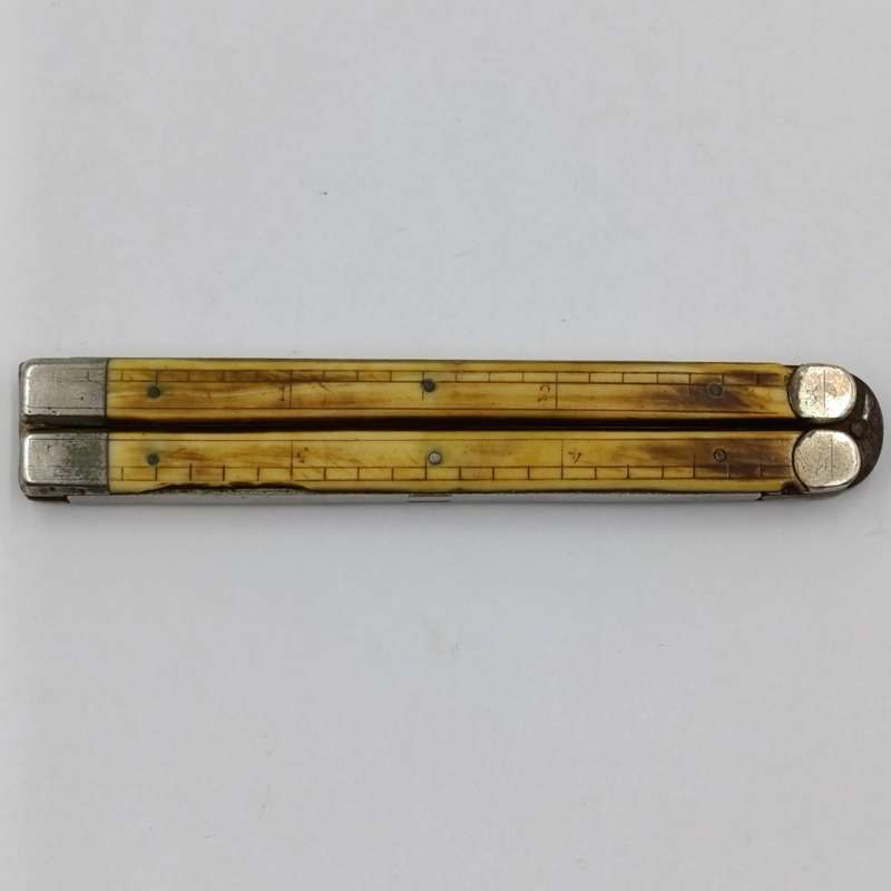 Vintage butterfly knife with bone handles with ruler measurements