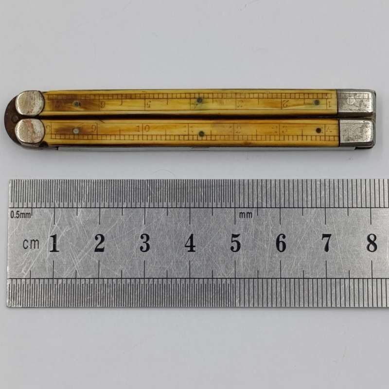 Vintage butterfly knife with bone handles with ruler measurements