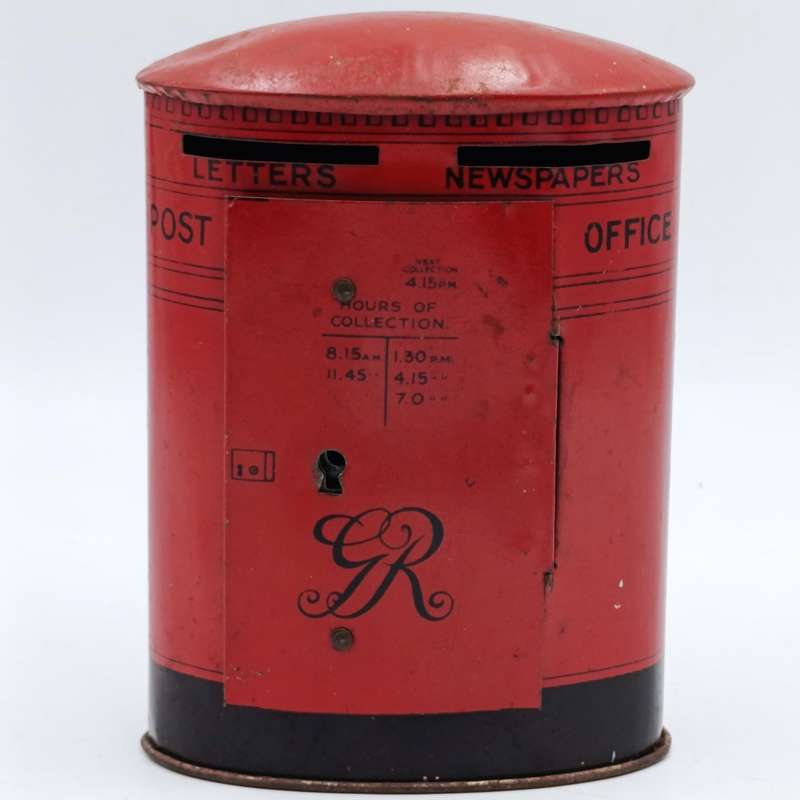 Vintage red Post office money box - with key - Chad Valley tin toys