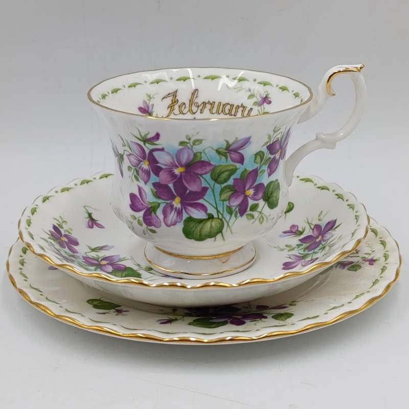 Vintage Royal Albert Violets February flower porcelain trio