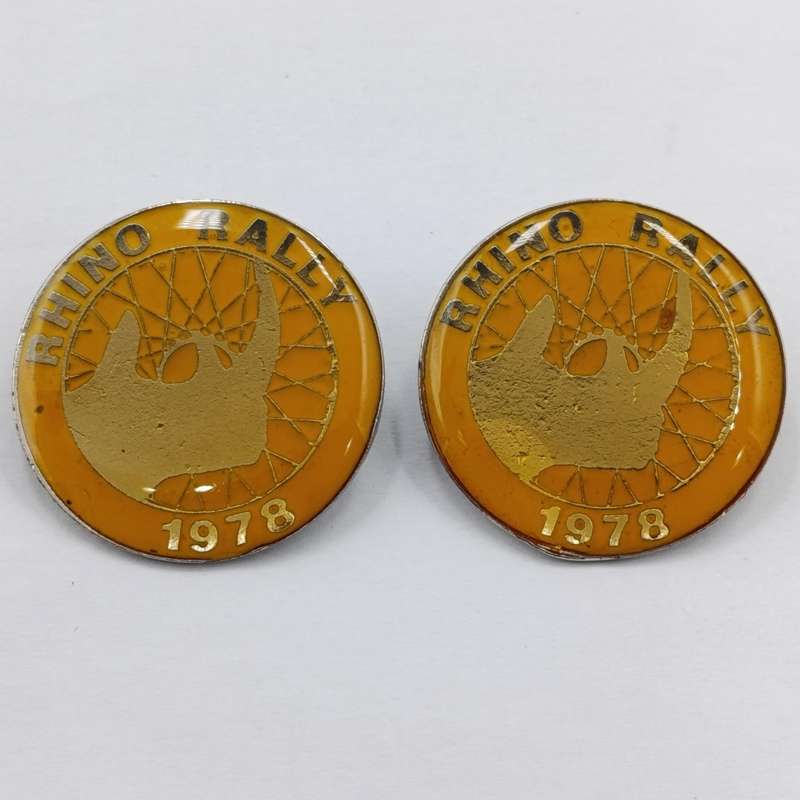 Pair of Rhino Rally 1978  metal brooch badges