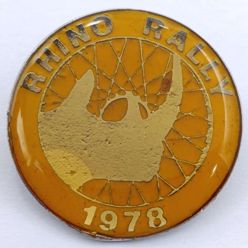 Pair of Rhino Rally 1978  metal brooch badges