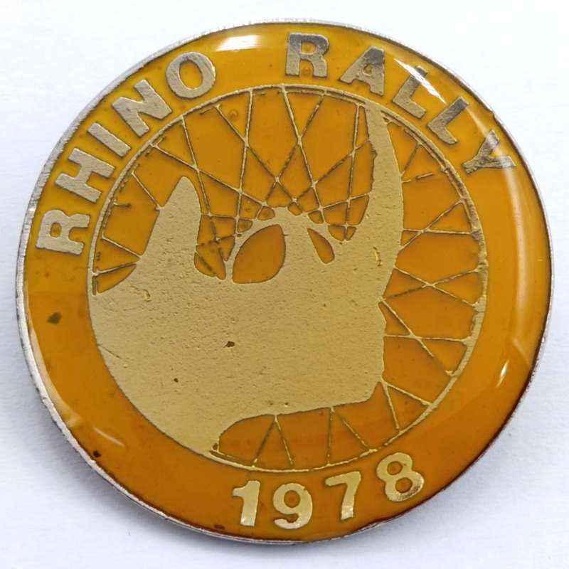 Pair of Rhino Rally 1978  metal brooch badges