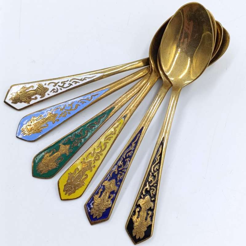 Set of 6 Indian brass enamelled tea spoons