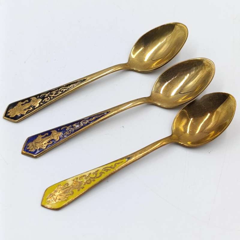 Set of 6 Indian brass enamelled tea spoons