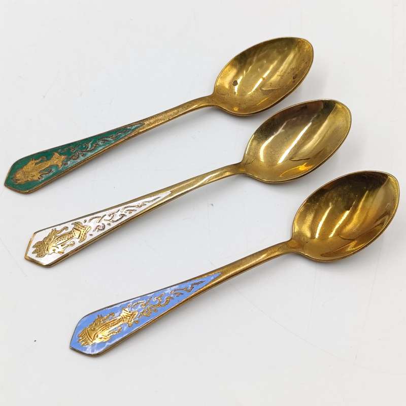 Set of 6 Indian brass enamelled tea spoons