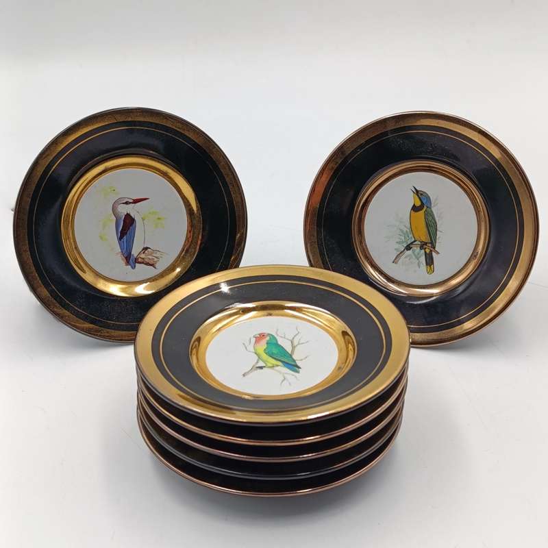 Set of 7 Gilding and enamel mini porcelain plates with birds