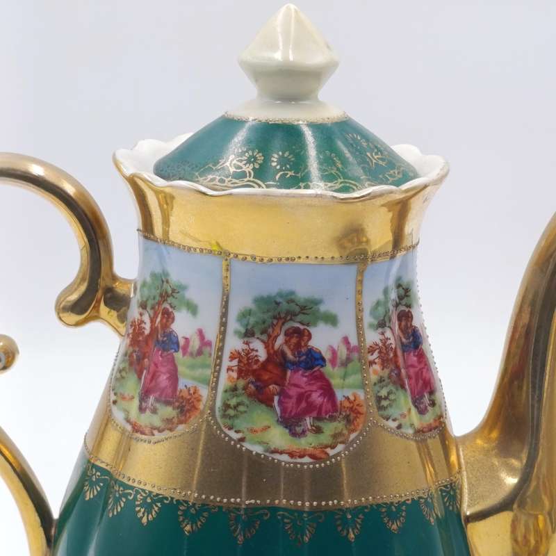 Vintage Gold and Green Limoges style teapot, milk jug and sugar bowl