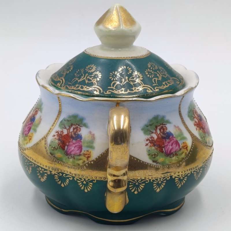 Vintage Gold and Green Limoges style teapot, milk jug and sugar bowl
