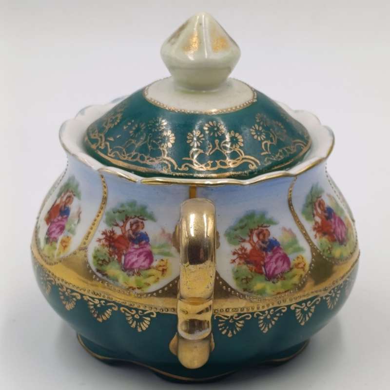 Vintage Gold and Green Limoges style teapot, milk jug and sugar bowl