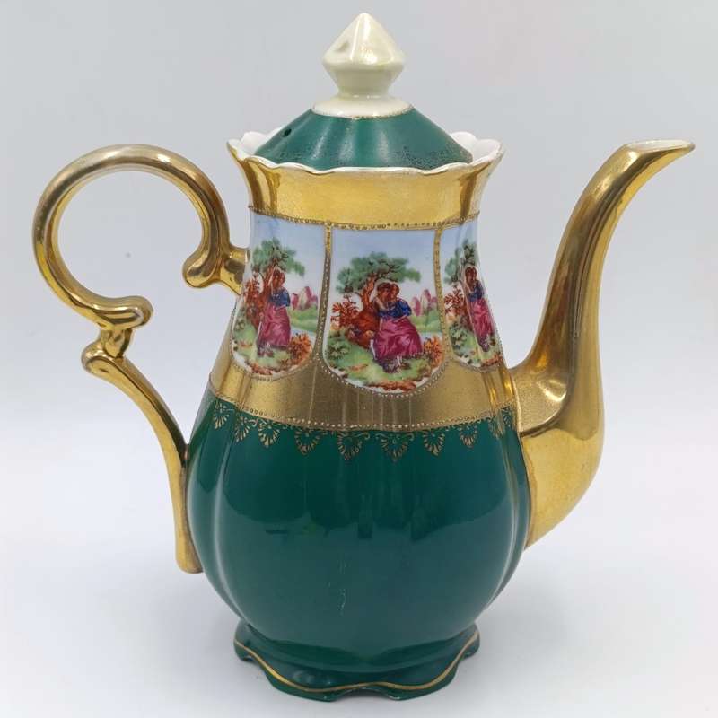 Vintage Gold and Green Limoges style teapot, milk jug and sugar bowl