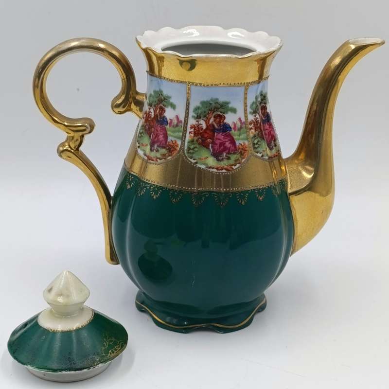 Vintage Gold and Green Limoges style teapot, milk jug and sugar bowl