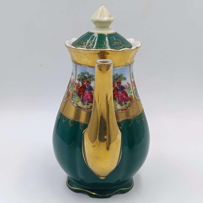 Vintage Gold and Green Limoges style teapot, milk jug and sugar bowl