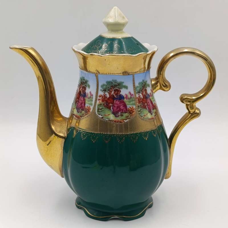 Vintage Gold and Green Limoges style teapot, milk jug and sugar bowl