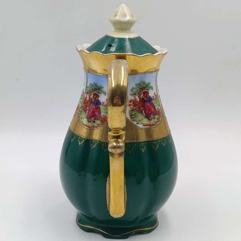 Vintage Gold and Green Limoges style teapot, milk jug and sugar bowl