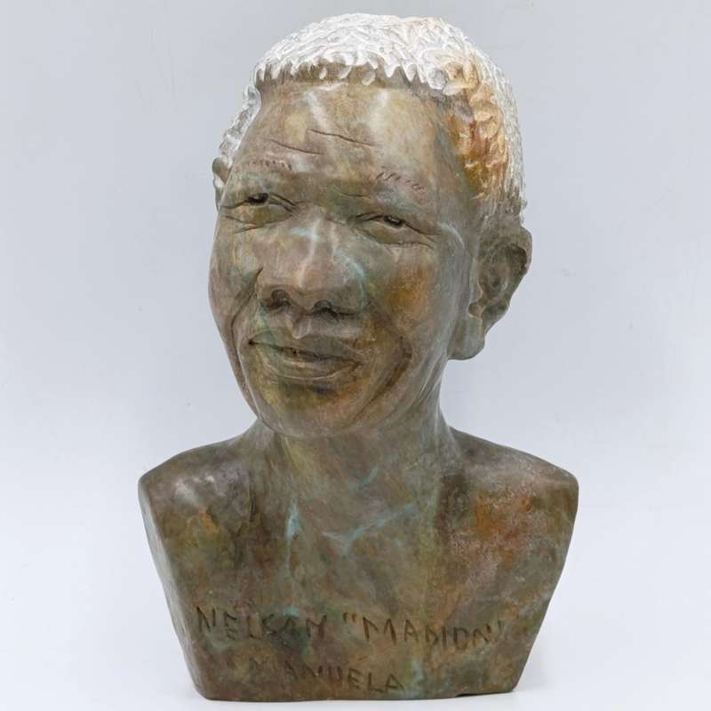 Nelson Mandela serpentine stone bust carving