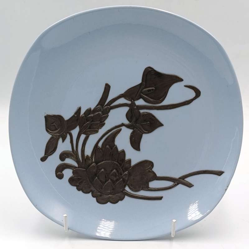 Vintage Johnson Brothers Blue Horizan plate with pewter overlay flowers