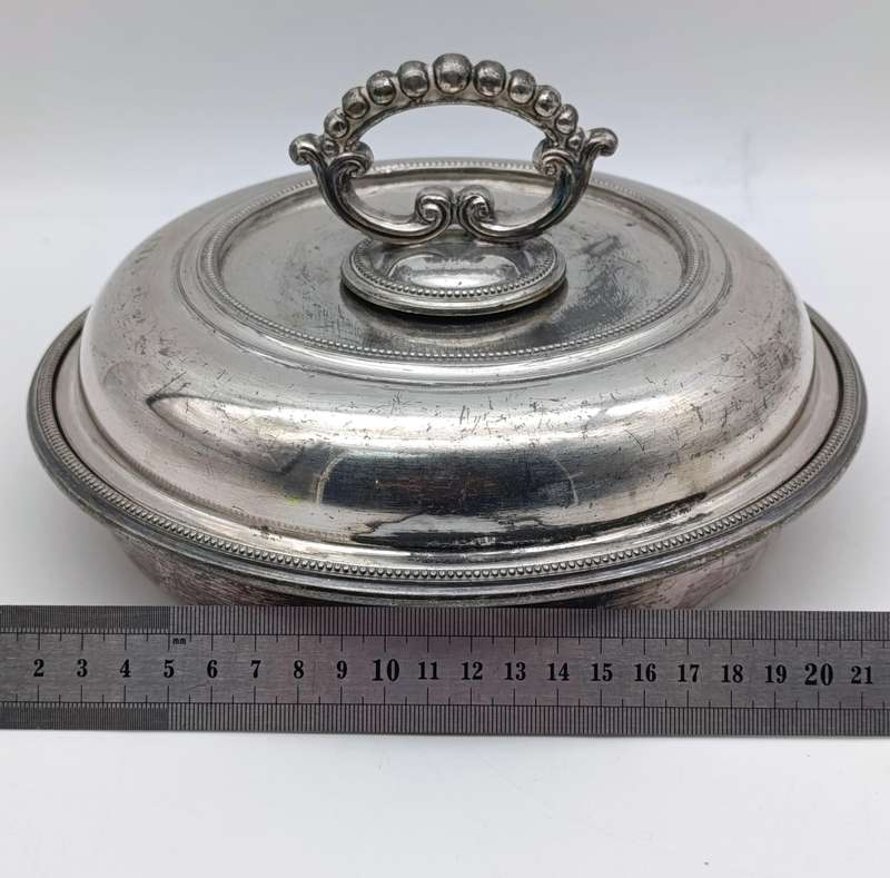 Antique Walker and Hall silverplated Britannica Metal serving dish with lid