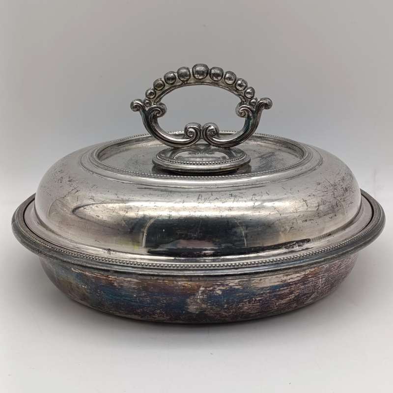Antique Walker and Hall silverplated Britannica Metal serving dish with lid