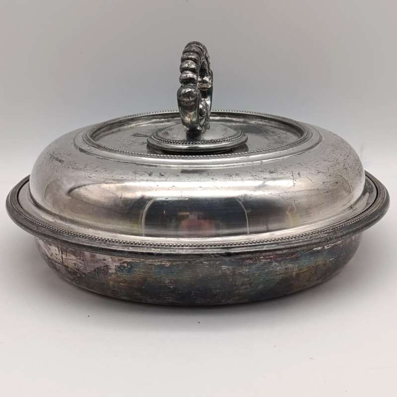 Antique Walker and Hall silverplated Britannica Metal serving dish with lid