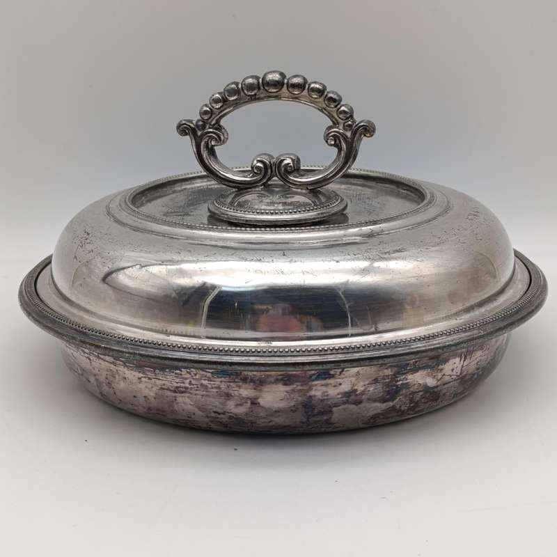 Antique Walker and Hall silverplated Britannica Metal serving dish with lid