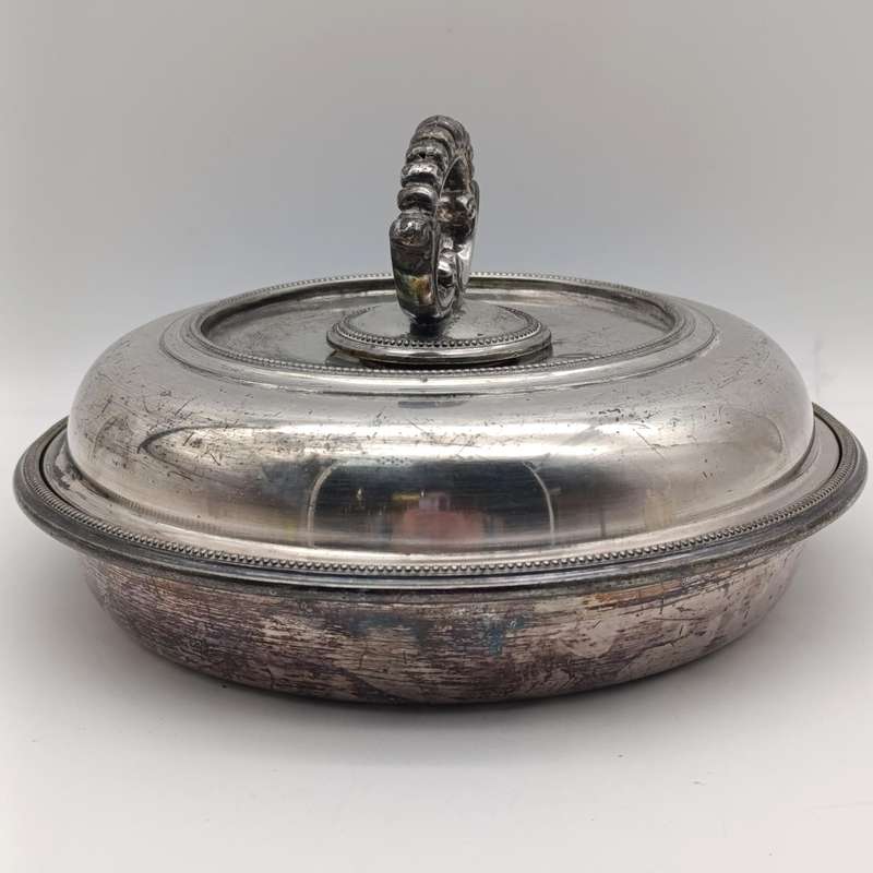 Antique Walker and Hall silverplated Britannica Metal serving dish with lid