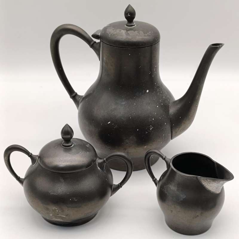 Vintage Metawa Holland Dutch pewter coffee set - Coffee pot, milk jug and sugar bowl