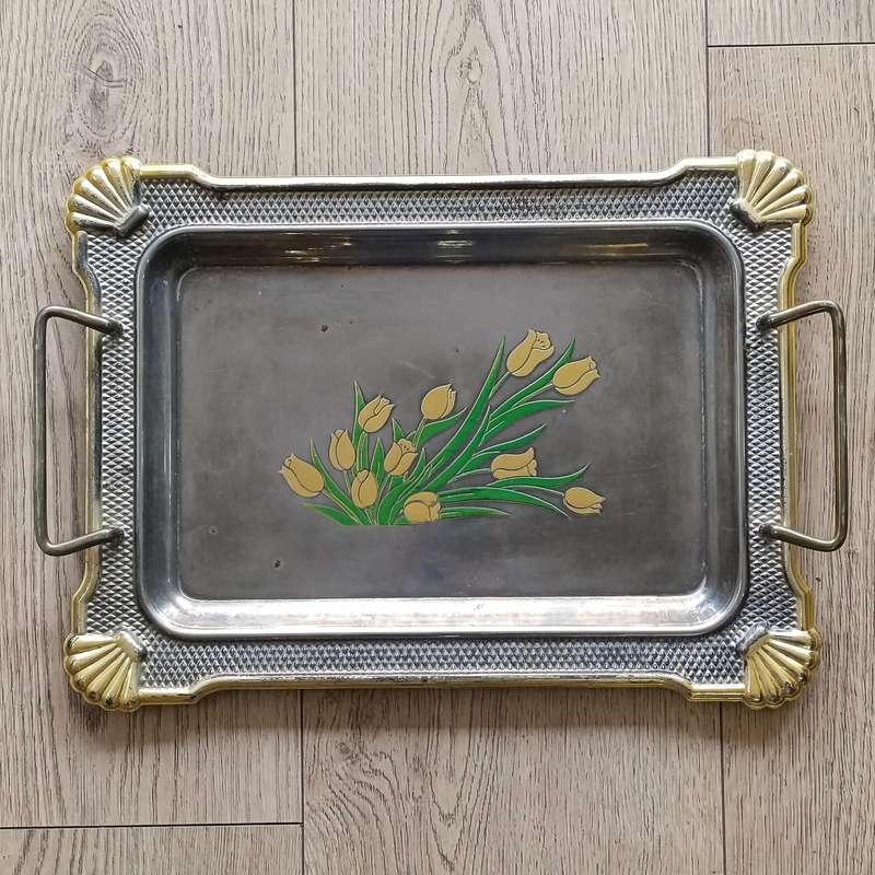Vintage Silverplated serving tray with gild lily design