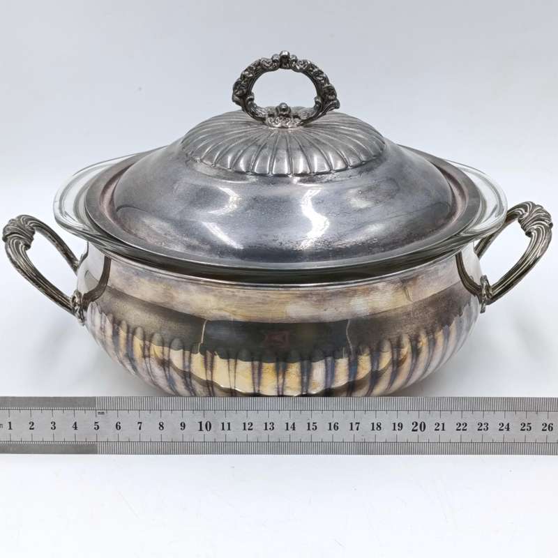 Vintage silverplated serving bowl with Pyrex glass inner and lid
