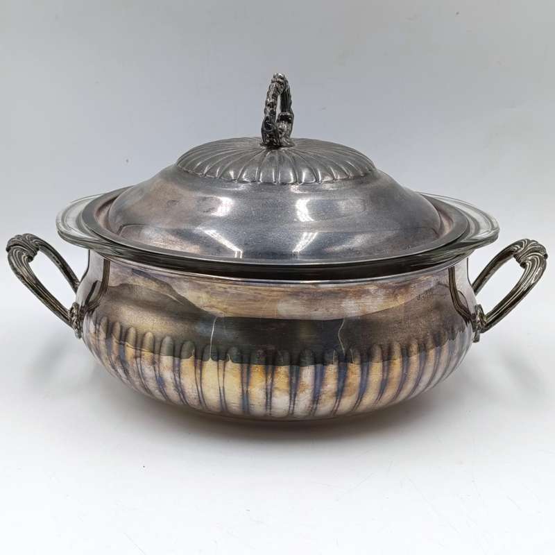 Vintage silverplated serving bowl with Pyrex glass inner and lid