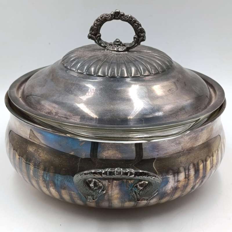 Vintage silverplated serving bowl with Pyrex glass inner and lid