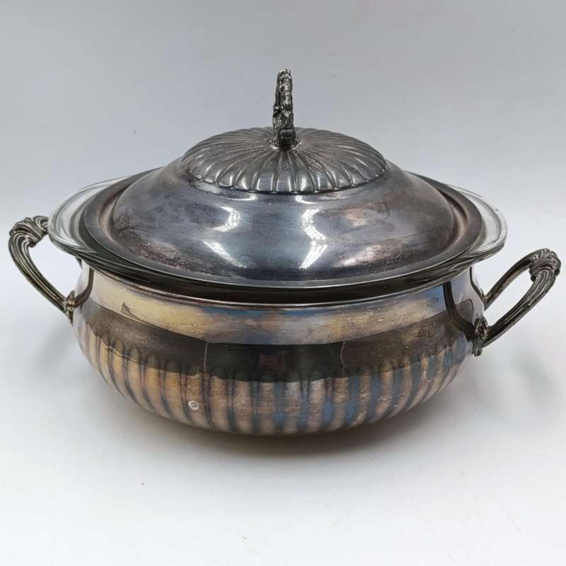 Vintage silverplated serving bowl with Pyrex glass inner and lid