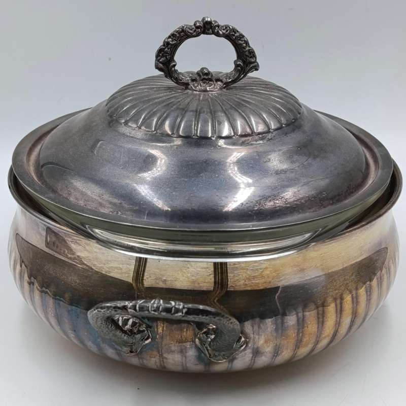 Vintage silverplated serving bowl with Pyrex glass inner and lid