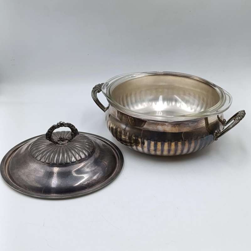 Vintage silverplated serving bowl with Pyrex glass inner and lid