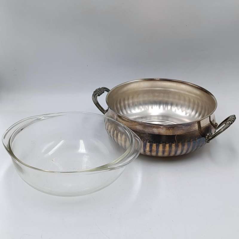 Vintage silverplated serving bowl with Pyrex glass inner and lid