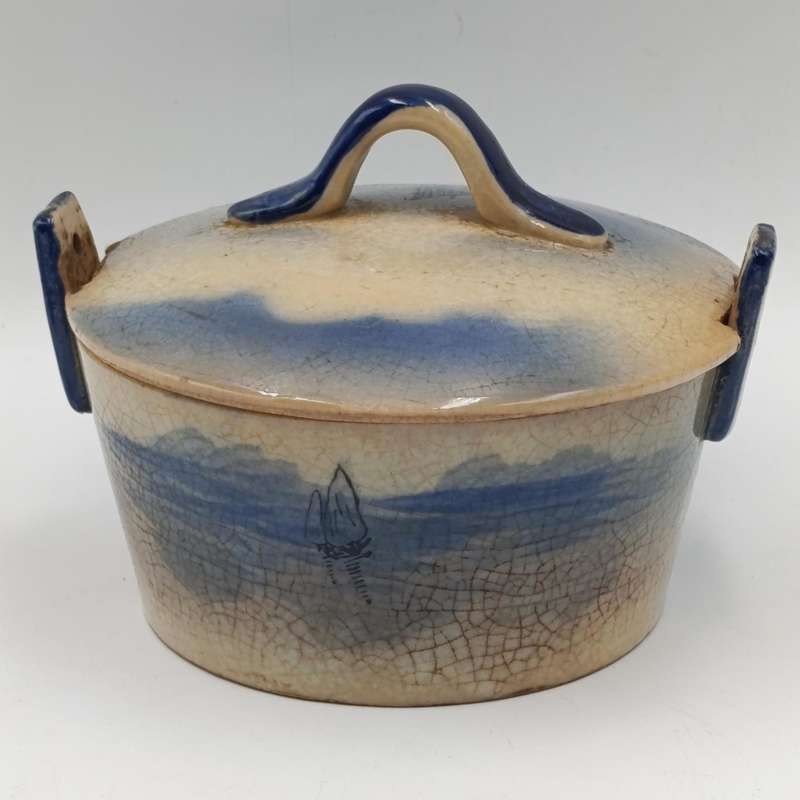 Antique blue and white pottery dish with lid