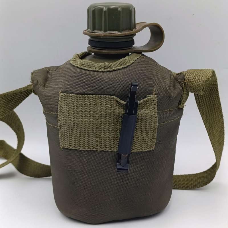 SADF water bottle with lid and firebucket in green material pouch and sling