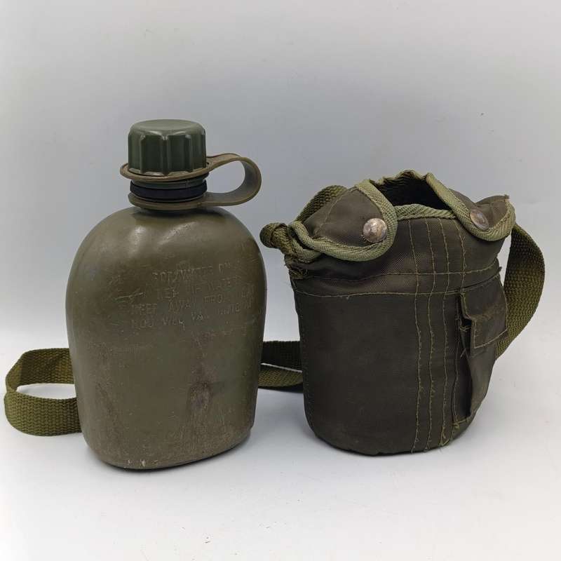 SADF water bottle with lid and firebucket in green material pouch and sling