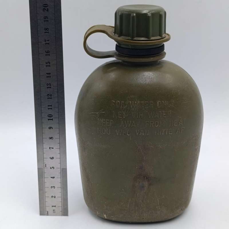 SADF water bottle with lid and firebucket in green material pouch and sling