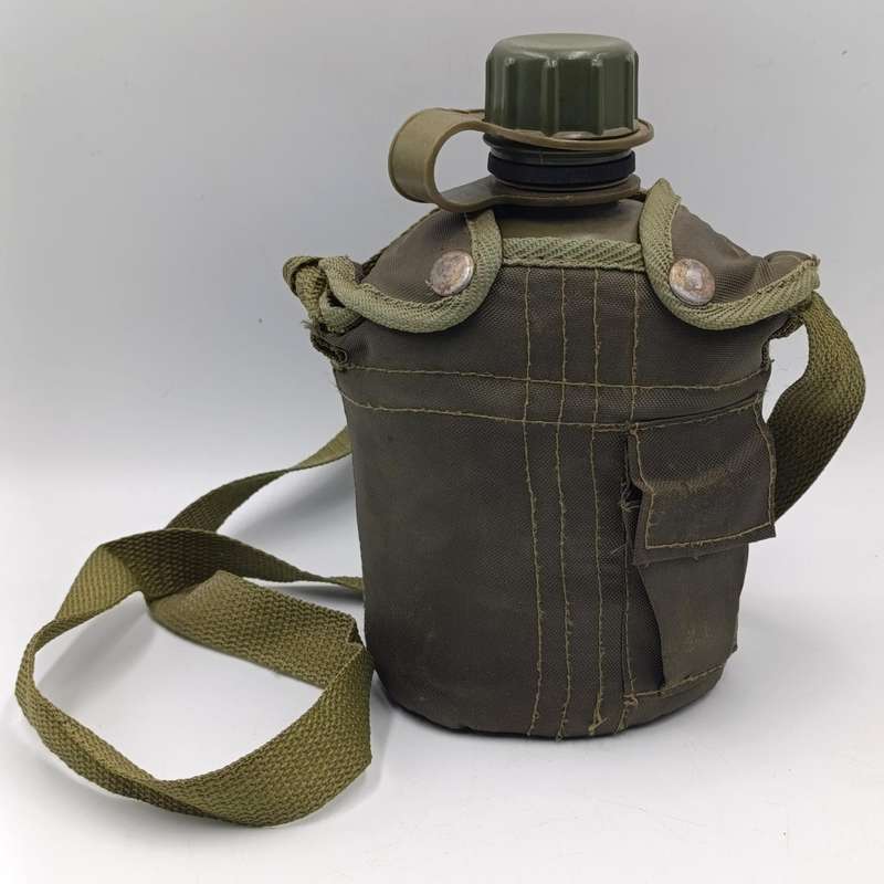 SADF water bottle with lid and firebucket in green material pouch and sling