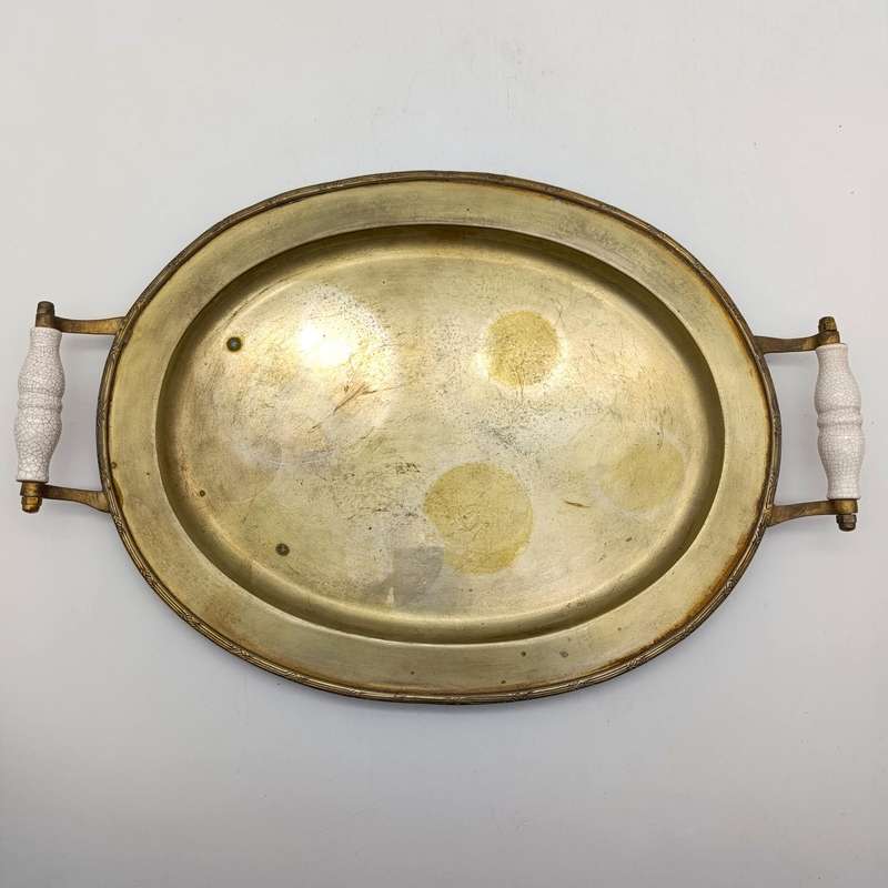 Vintage silverplated oval tray with porcelain handles