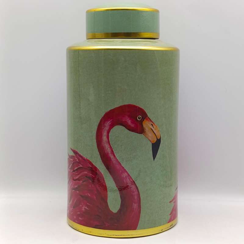 Large Jar with lid and flamingo design