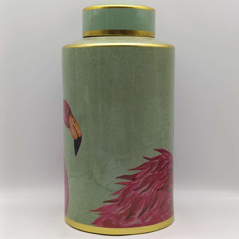 Large Jar with lid and flamingo design