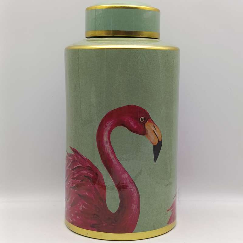 Large Jar with lid and flamingo design