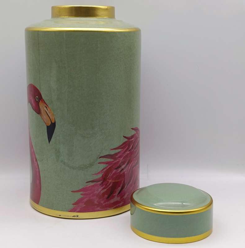 Large Jar with lid and flamingo design