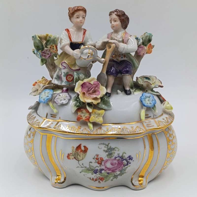 Antique German Ritzenhoff and Becker porcelain trinket bowl with figurines