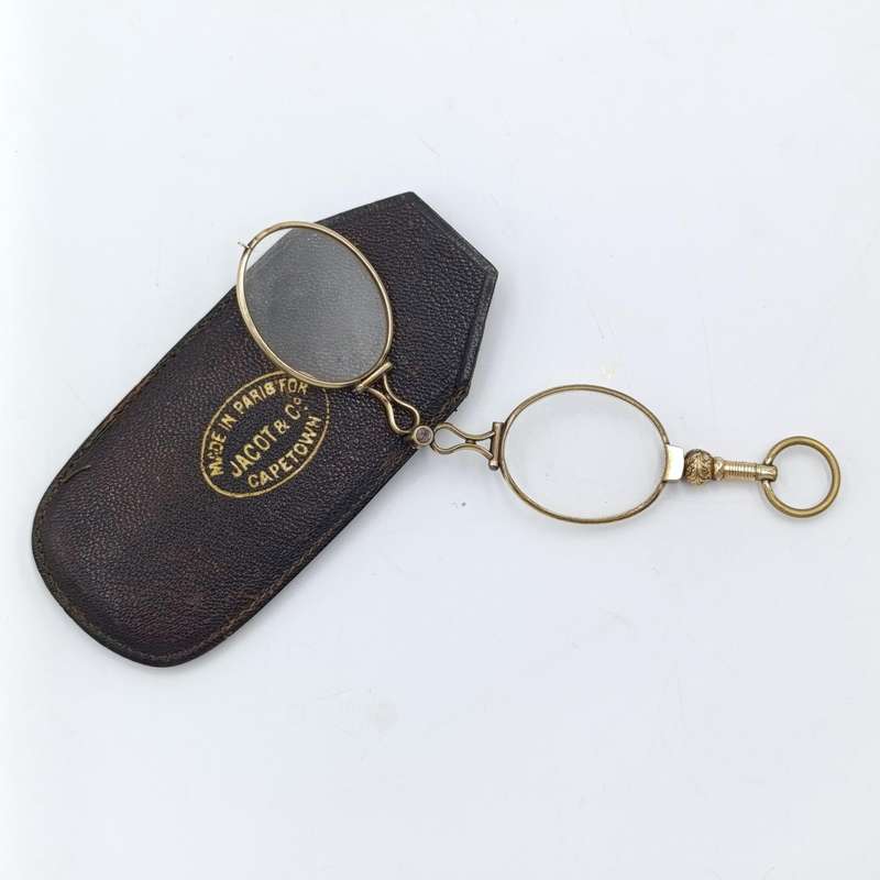Antique goldplated lorgnette folding glasses in pouch
